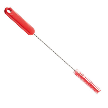 The PIPE BRUSH, PBT HARD, 305xø15x80mm from Haug Bürsten KG has a red plastic handle, a long metal stem, and red, hard PBT bristles - ideal for effective pipe cleaning.