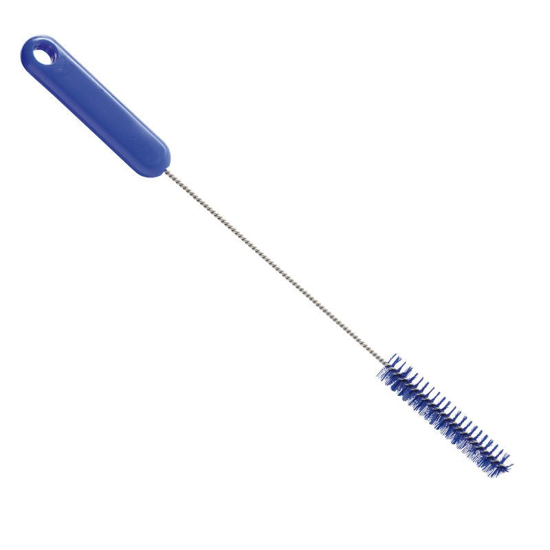 The PIPE BRUSH, PBT HARD, 305Xø15X80MM from Haug Bürsten KG has a blue plastic handle, a long metal stem, and durable blue PBT hard bristles in cylindrical form - ideal for efficient pipe cleaning.