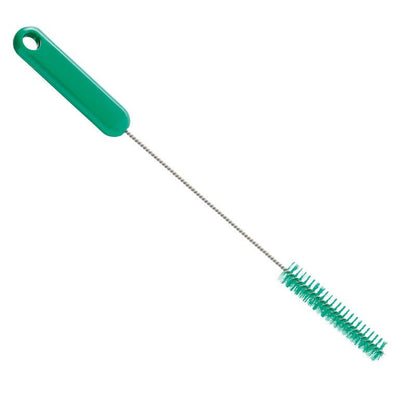 The Haug Bürsten KG PIPE BRUSH, PBT HARD, 305Xø15X80MM features a green plastic handle, a long twisted stem, and short cylindrical green PBT hard bristles - ideal for efficient pipe cleaning.
