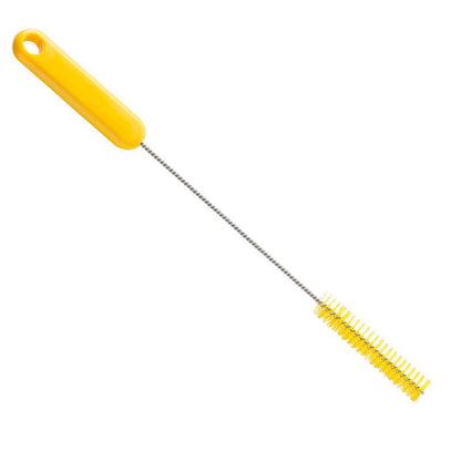 The PIPE BRUSH ø 0.35MM HARD from Haug Bürsten KG has a yellow plastic handle with a hanging hole, a long twisted metal shaft, and cylindrical yellow bristles - perfect for pipe cleaning and against stubborn dirt. Size: 305xø15x80mm.