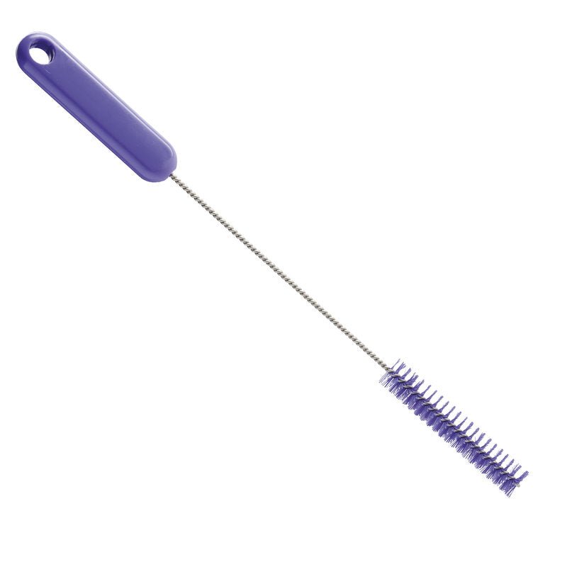 The PIPE BRUSH ø 0.35MM HARD, 305Xø15X80MM from Haug Bürsten KG features a long metal shaft with a purple plastic handle and short, stiff cylindrical bristles - ideal for pipe cleaning and removing stubborn dirt.