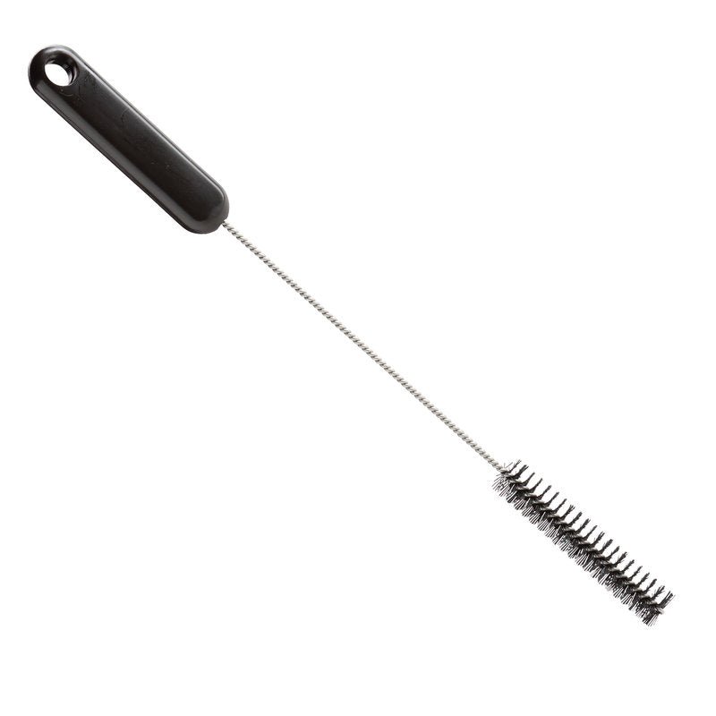 The Haug Bürsten KG PIPE BRUSH, ø 0.35MM HARD, 305Xø15X80MM has a long twisted metal shaft, a black plastic handle, and firm cylindrical bristles - ideal for pipe cleaning and removing stubborn dirt.