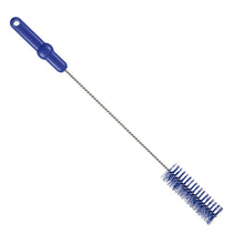 The Haug Bürsten KG PIPE BRUSH, ø 0.50MM MEDIUM, 500Xø40MM has stiff blue bristles and a long twisted handle with a blue grip and hanging hole - ideal as a cleaning brush for pipes or for cleaning narrow bottles and containers.