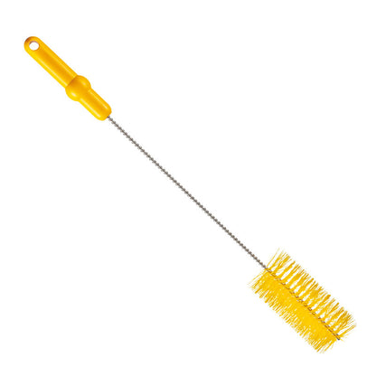 The Haug Bürsten KG PIPE BRUSH, ø 0.50MM MEDIUM 500Xø 60MM, has stiff yellow bristles, a plastic handle, and a long twisted metal stem - ideal for cleaning pipes, bottles, or narrow containers.