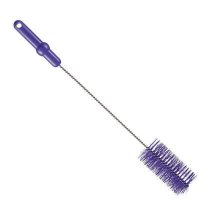 The Haug Bürsten KG PIPE BRUSH, ø 0.50MM MEDIUM 500Xø 60MM, has a purple plastic handle and bristles on a flexible metal wire stem, ideal for cleaning tight spaces like bottles or tubes.