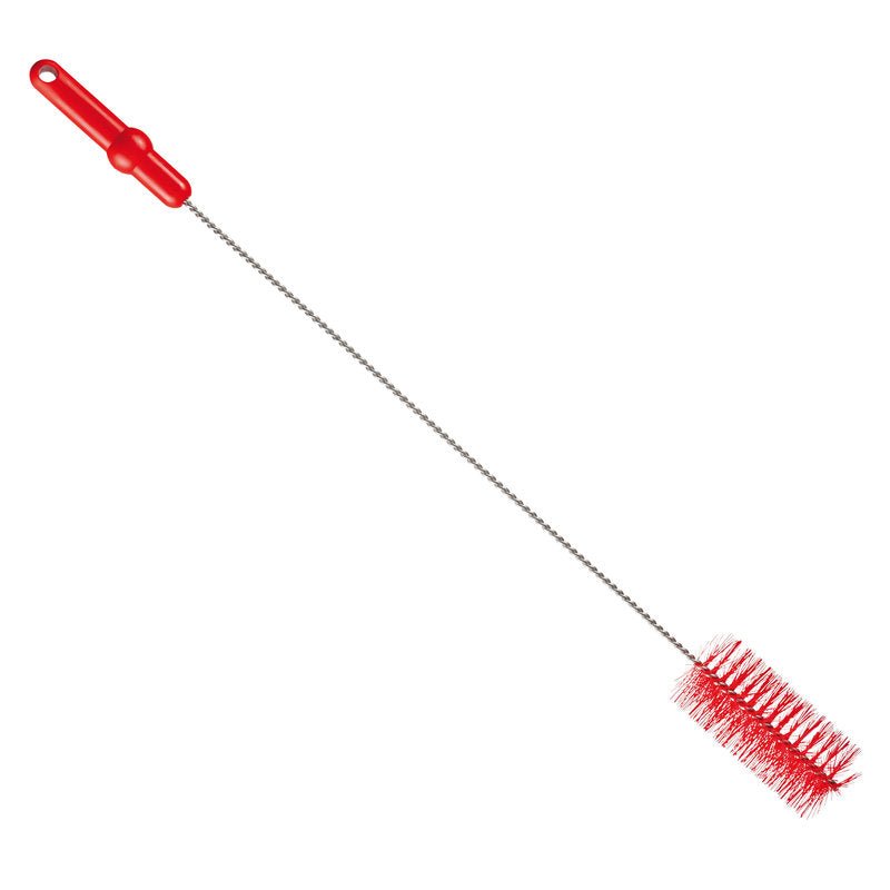 The Haug Bürsten KG PIPE BRUSH, ø 0.50MM MEDIUM 700Xø 60MM has a red handle, a long metal shaft, and red bristles - ideal for pipe cleaning. Pictured on a white background.