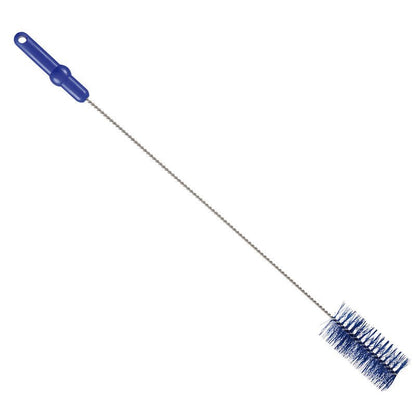 The PIPE BRUSH, ø 0.50MM MEDIUM 700Xø 60MM from Haug Bürsten KG features a blue plastic handle, a long metal stem, and cylindrical blue bristles at one end - ideal for pipe cleaning - in front of a white background.