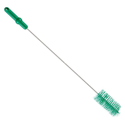 The Haug Bürsten KG PIPE BRUSH, ø 0.50MM MEDIUM 700Xø 60MM features a green plastic handle, a twisted metal stem, and dense green bristles for pipe cleaning, depicted against a white background.
