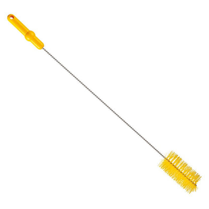 The Haug Bürsten KG PIPE BRUSH, ø 0.50MM MEDIUM 700Xø 60MM has a yellow plastic handle, a thin twisted metal stem, and yellow bristles at the end, ideal for pipe cleaning. The product is isolated on a white background.