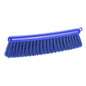 The Haug Bürsten KG FLOUR BRUSH, BLUE/PBT BLUE UNSLIT with 0.25 mm soft bristles and a 290 mm long blue plastic head is ideal for food processing and features a hanging hole. Pictured on a white background.