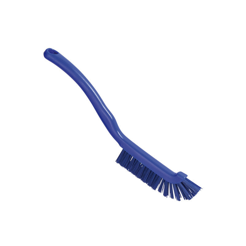 The Haug Bürsten KG FUGENBÜRSTE, ø 0.50MM HARD (220x15x19mm), features sturdy bristles and a curved handle for effective joint cleaning. Pictured in blue plastic against a plain white background.