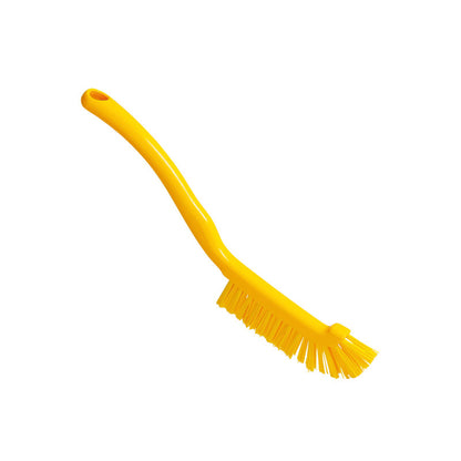 The Haug Bürsten KG FUGENBÜRSTE, ø 0.50MM HARD, 220x15x19mm, has sturdy yellow plastic bristles and a long curved handle, perfect for joint cleaning. Displayed on a plain white background.