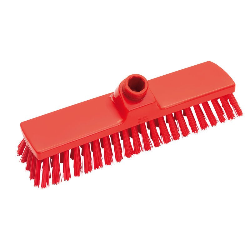 A red rectangular brush head from Haug Bürsten KG (Haug broom, PBT, ø 0.50MM medium, 300x70x40mm) with stiff bristles and a central handle attachment, shown against a white background.