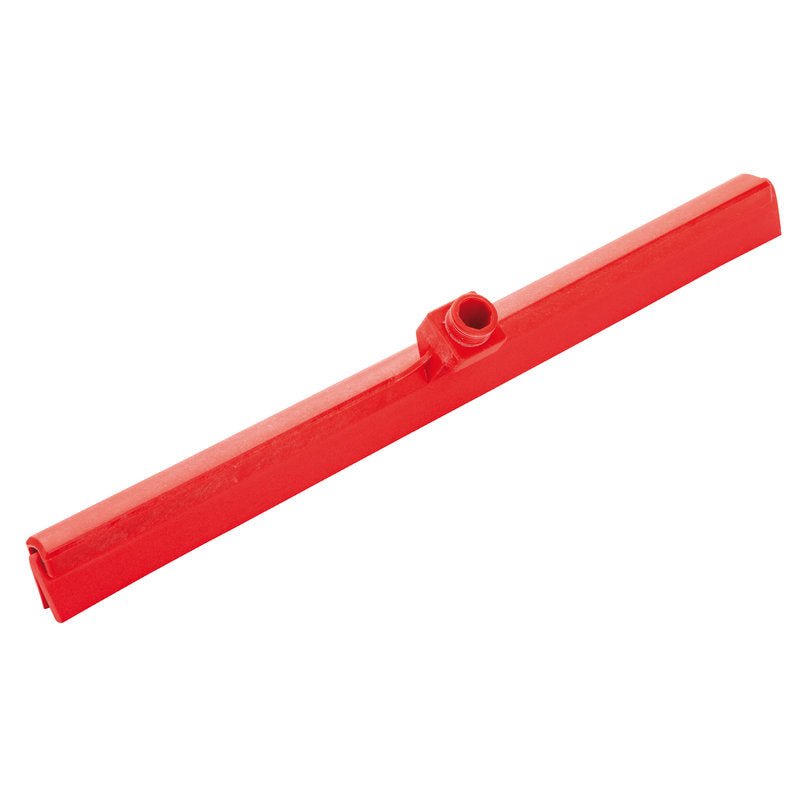 The WASSERSCHIEBER, 2-LIPPED, 620 MM from Haug Bürsten KG is a red plastic squeegee head with double lips and a central handle holder, ideal for effective floor cleaning; shown isolated on a white background.