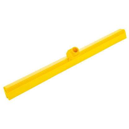 The Haug Bürsten KG WASSERSCHIEBER, 2-LIPPED, 620 MM is a yellow plastic floor squeegee head with a threaded attachment for easy cleaning, depicted on a white background.