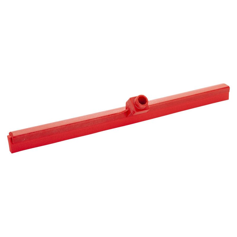 The Haug Bürsten KG WATER SQUEEGEE, 1-LIPPED, 620MM is a red plastic floor squeegee head with a central handle attachment, ideal for effective water removal, depicted on a white background.