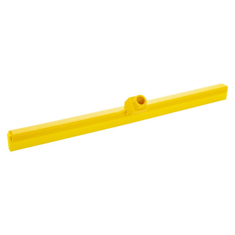 The WATER SQUEEGEE, 1-LIPPED, 620MM from Haug Bürsten KG is a yellow plastic blade with a central handle attachment, designed for efficient water removal from floors and surfaces.