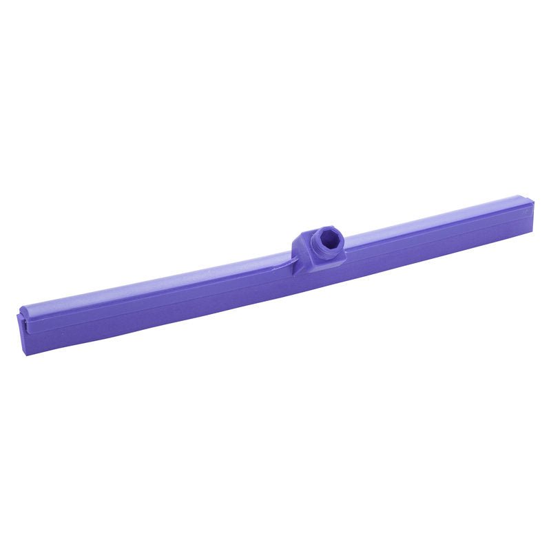 The Haug Bürsten KG WATER SQUEEGEE, 1-LIPPED, 620MM is a purple plastic water scraper with a rectangular blade and a central threaded hole for handle attachment, perfect for efficient water removal tasks. Depicted on a white background.