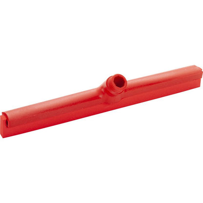 A red Haug Bürsten KG WATER SQUEEGEE, 1-LIP 420MM, FOOD GRADE RUBBER floor squeegee head with a central threaded socket, shown on a white background.