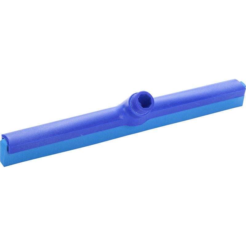 The Haug Bürsten KG WATER SQUEEGEE, 1-LIP 420MM, FOOD GRADE RUBBER is a blue plastic floor squeegee head with a central socket and a food-safe rubber blade, isolated on a white background.