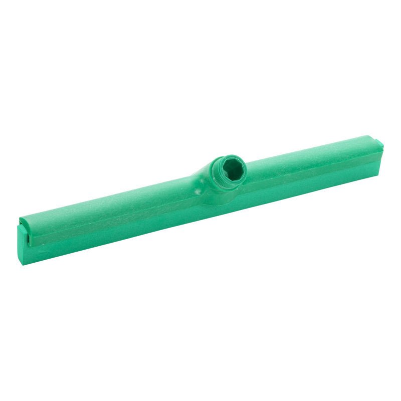 The Haug Bürsten KG WATER SQUEEGEE, 1-lip 420mm, food grade rubber features a green plastic squeegee head with a central threaded socket and a food-safe rubber blade; handle not included.