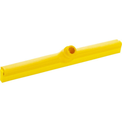 The Haug Bürsten KG WATER SQUEEGEE, 1-LIP 420MM, FOOD GRADE RUBBER is a yellow plastic head with a central threaded hole for handle attachment made of food-safe rubber on a white background.