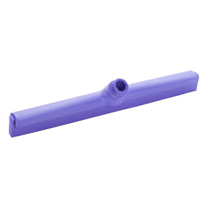The Haug Bürsten KG WATER SQUEEGEE, 1-LIP 420MM, FOOD GRADE RUBBER features a purple plastic head with central handle attachment and a flat, straight food-safe rubber blade for effective floor cleaning.