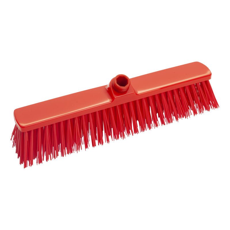 The Haug Bürsten KG LARGE AREA BROOM features stiff PBT bristles (ø 1.0mm), a central socket for handle attachment, and measures 400x60x65mm - ideal for floor cleaning. Pictured in red, isolated on a white background.