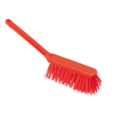 A red HAND BRUSH from Haug Bürsten KG, with a long handle and hard PBT bristles (ø 0.50mm, 310x40x45mm), is photographed on a white background.
