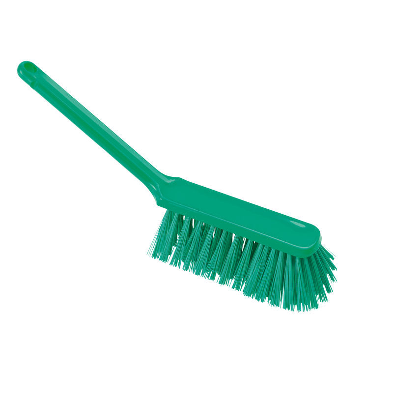 The HAND BROOM ø 0.50MM, HARD (310x40x45MM) from Haug Bürsten KG is a green plastic brush with hard bristles and a long handle, shown at an angle on a white background.