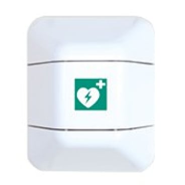 The Novocal help defibrillator cabinet made of plastic by Novocal is a white, wall-mounted defibrillator cabinet with a green heart, a lightning bolt, and a plus sign indicating the storage of the defibrillator.