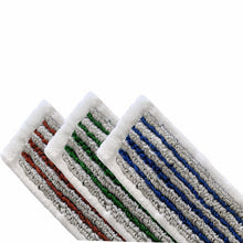 Three Arcora flat press mops Hospital Hygiene Plus Mops (40 cm, special polyester pocket) from Arcora International GmbH are shown side by side with colored stripes - red, green, and blue - on a gray background, each with a white border. The background is solid white.