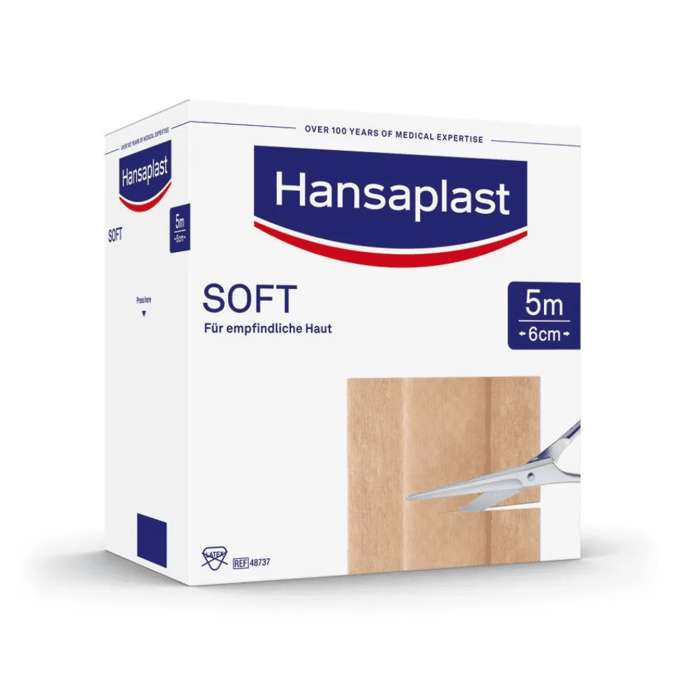 A box of Hansaplast Soft Plasters with the label "Sensitive Skin", measuring 5 meters by 6 centimeters, a beige plaster strip is visible on the side. Text on.
