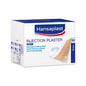 A pack of 100 Hansaplast Soft Injection Plasters (4 x 1.9 cm) from Beiersdorf AG for sensitive skin, made from hypoallergenic material. Comes in white and blue packaging with multilingual text and plaster illustration.