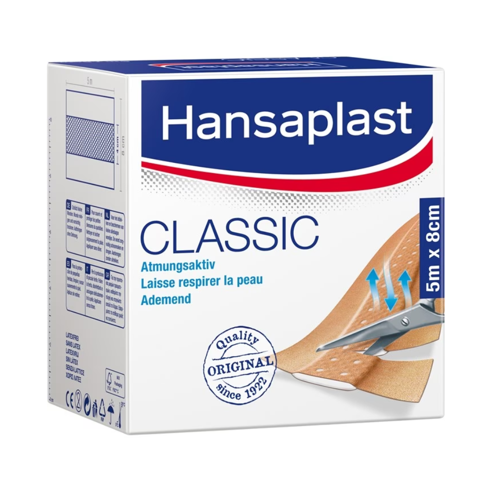 A box of Hansaplast Classic plasters from Beiersdorf AG in the dimensions 5 x 8 cm on a white-blue packaging with images of the plaster and a text description of its properties, including "ind".