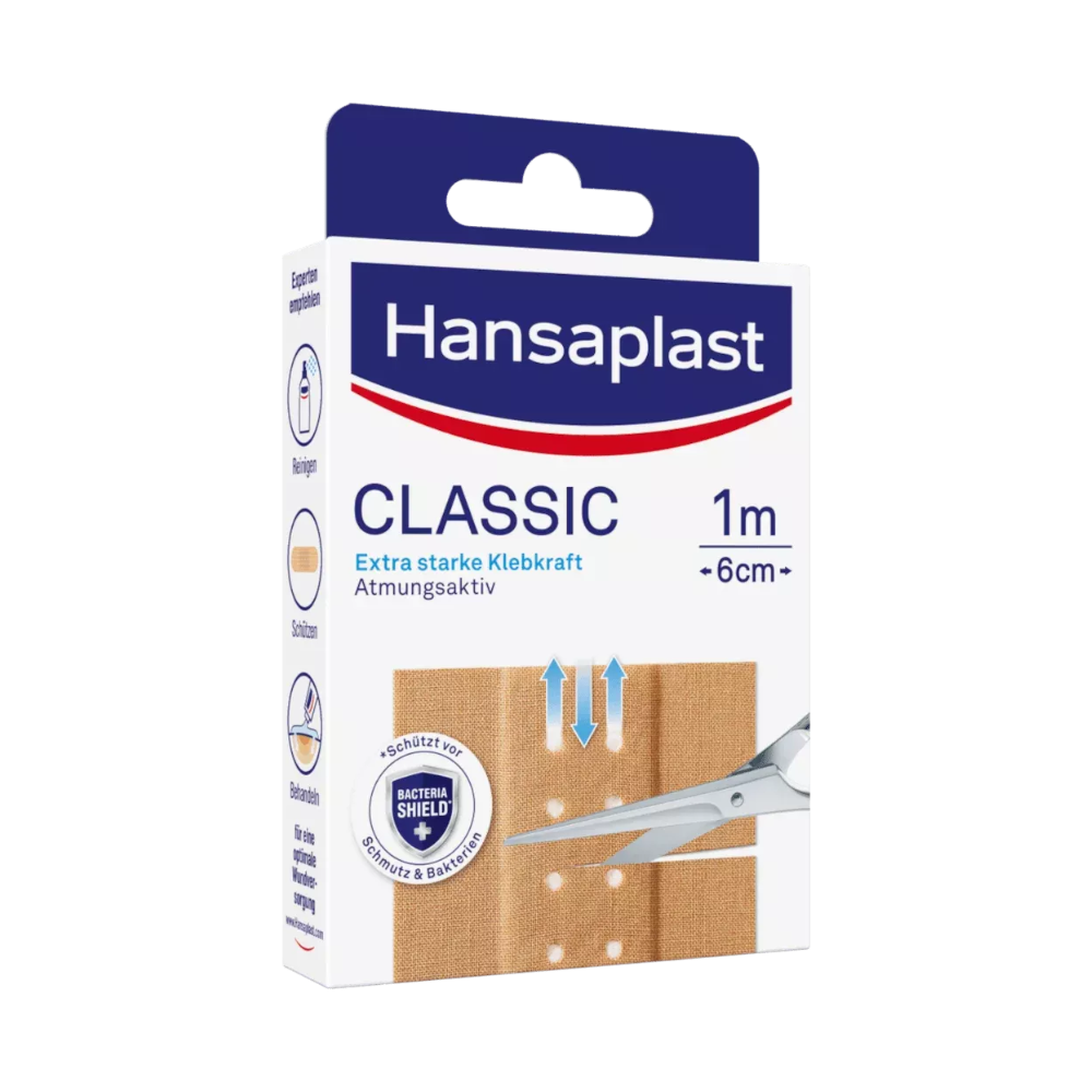A box of Hansaplast Classic plasters – various sizes, depicted is a 1 meter long, 6 cm wide breathable quick wound dressing roll with improved adhesive strength and breathable properties from Beiersdorf AG.
