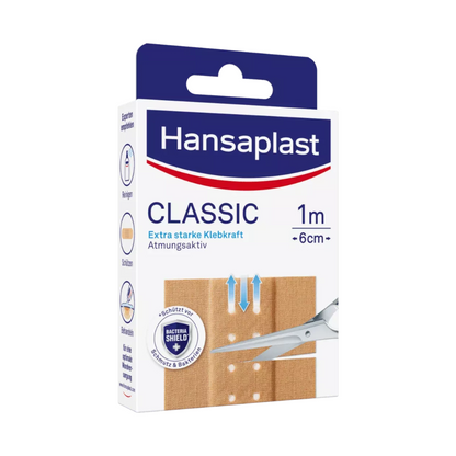 A box of Hansaplast Classic plasters – various sizes, depicted is a 1 meter long, 6 cm wide breathable quick wound dressing roll with improved adhesive strength and breathable properties from Beiersdorf AG.