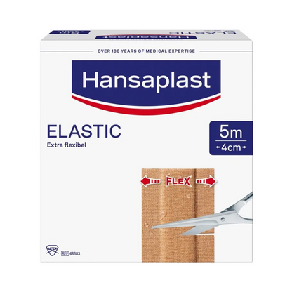A box of Hansaplast Elastic wound plaster by Beiersdorf AG in various sizes, highlighting its special flexibility. The display shows the product name, the brand logo, and an image of scissors cutting the plaster.