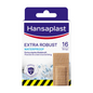 A box of Hansaplast Extra Robust Waterproof Plasters by Beiersdorf AG with 16 textile plasters. The packaging emphasizes the strong adhesive power, flexibility, and durability of the plasters with Hi-DRY TEX technology.