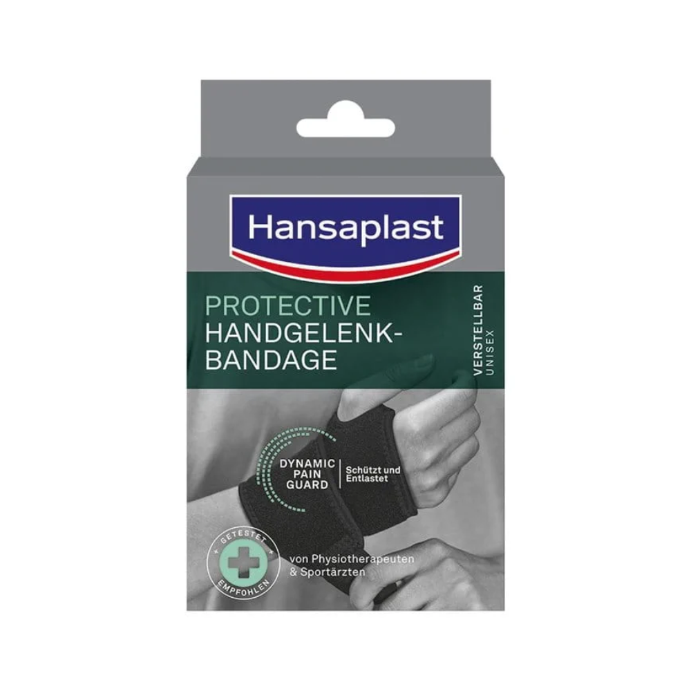 Packaging for the Hansaplast Protective Wrist Bandage by Beiersdorf AG with the words "Dynamic Guard" and "Protection Bandage." A wrist with a gray bandage is shown. Text in