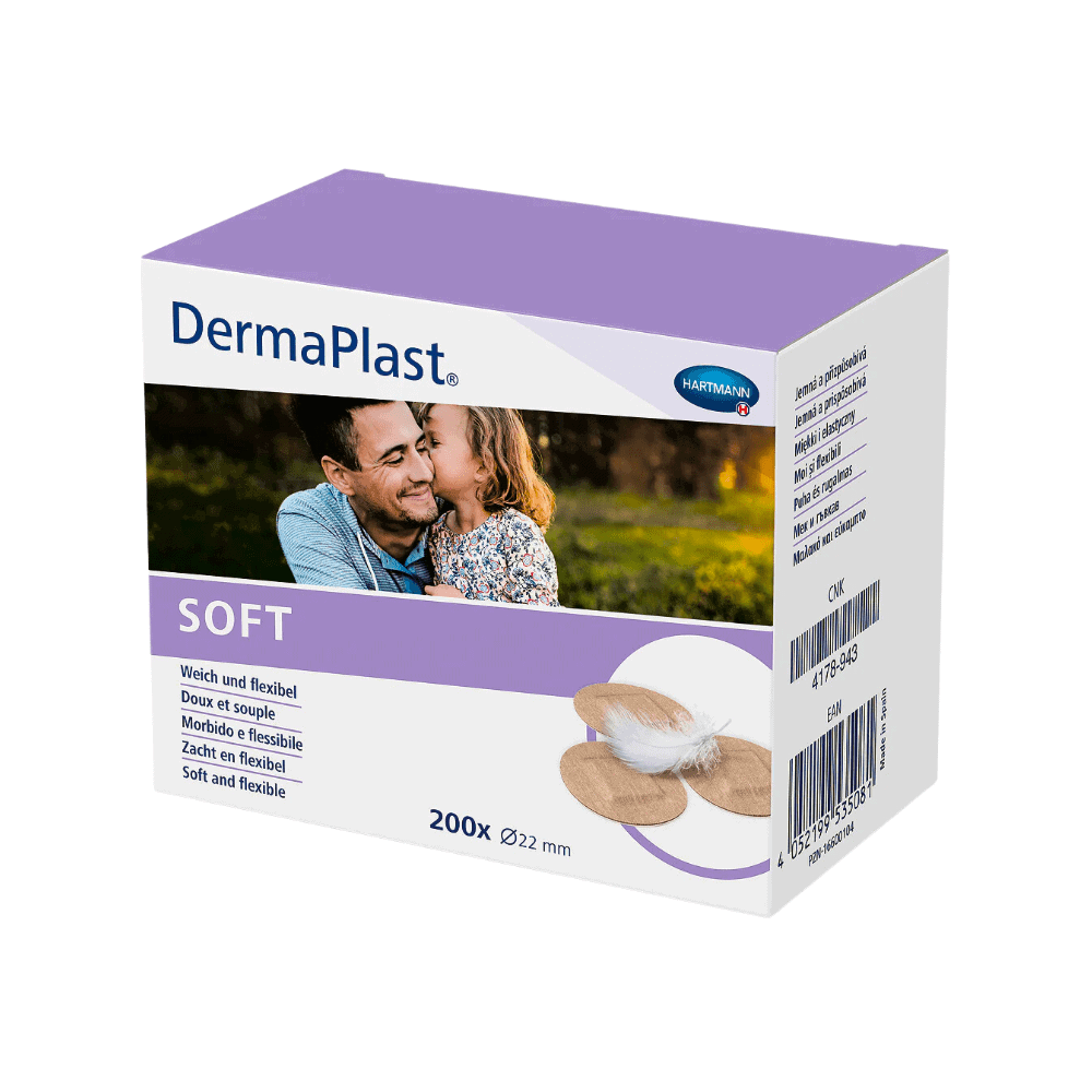 A box of Hartmann DermaPlast® SOFT plasters with 200 pieces, each 22 mm wide, for sensitive skin. The packaging features a couple in love and text referring to Paul Hartmann AG.
