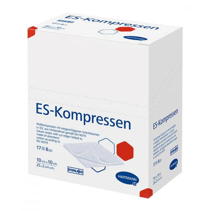 A pack of Hartmann ES compresses, 17-ply, 12-fold, sterile by Paul Hartmann AG, a medical product, with details about sterile, folded gauze compresses measuring 10 cm x 10 cm, in a box of 25 pieces