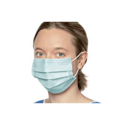 A person with fair skin and blue eyes, wearing a Paul Hartmann AG discontinued item: Hartmann Foliodress® surgical mask (50 pieces) and a blue shirt, depicted from the shoulders up against a white background.