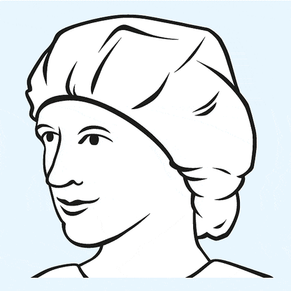 Black and white line drawing of a woman with a gentle smile, wearing a Paul Hartmann AG Foliodress® Cap "universal" Comfort surgical cap white and depicted in profile against a light blue background.