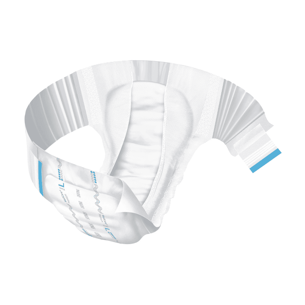 An adult diaper from the Hartmann MoliCare® Premium Elastic line by Paul Hartmann AG with a white and blue design is displayed in a curved arrangement on a white background, highlighting its absorbent and flexible properties.
