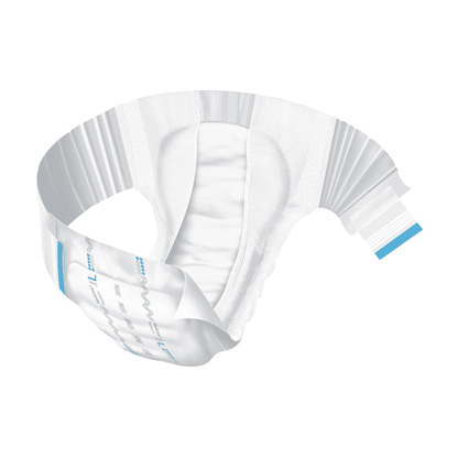 An adult diaper from the Hartmann MoliCare® Premium Elastic line by Paul Hartmann AG with a white and blue design is displayed in a curved arrangement on a white background, highlighting its absorbent and flexible properties.