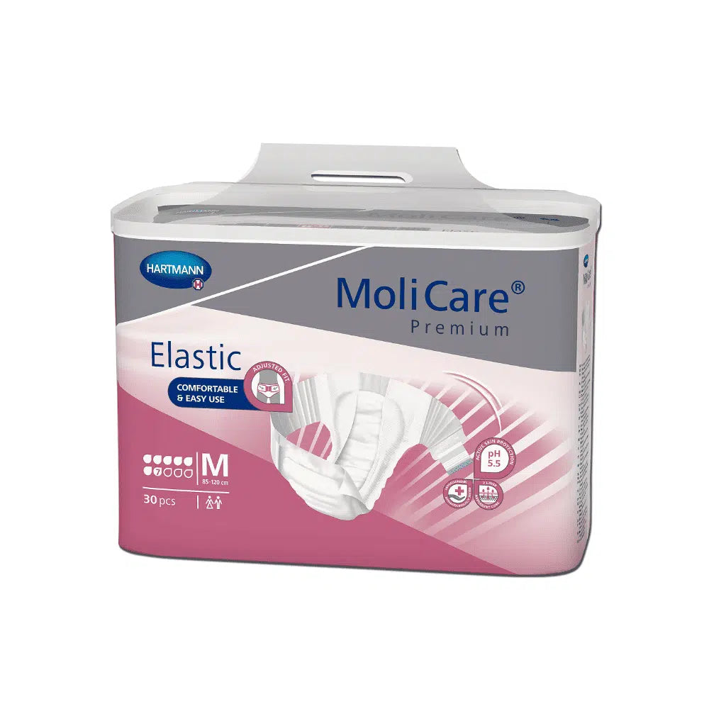 A pack of Hartmann MoliCare® Premium Elastic diapers for adults, medium size, 30 pieces, with comfort and user-friendly features. The packaging is white and pink and comes with a product image.