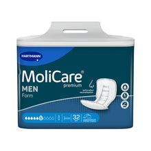 A blue-white package of MoliCare Premium Form MEN pad, 6 drops (32 pieces) by Paul Hartmann AG, depicted with product image, symbols, and text highlighting the additional odor neutralization and skin-neutral pH value for men.