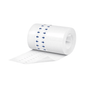 A roll of white toilet paper with a blue arrow pattern, partially unrolled and covered with Hartmann Omnifix silicone fixation fleece from Paul Hartmann AG, isolated on a white background.