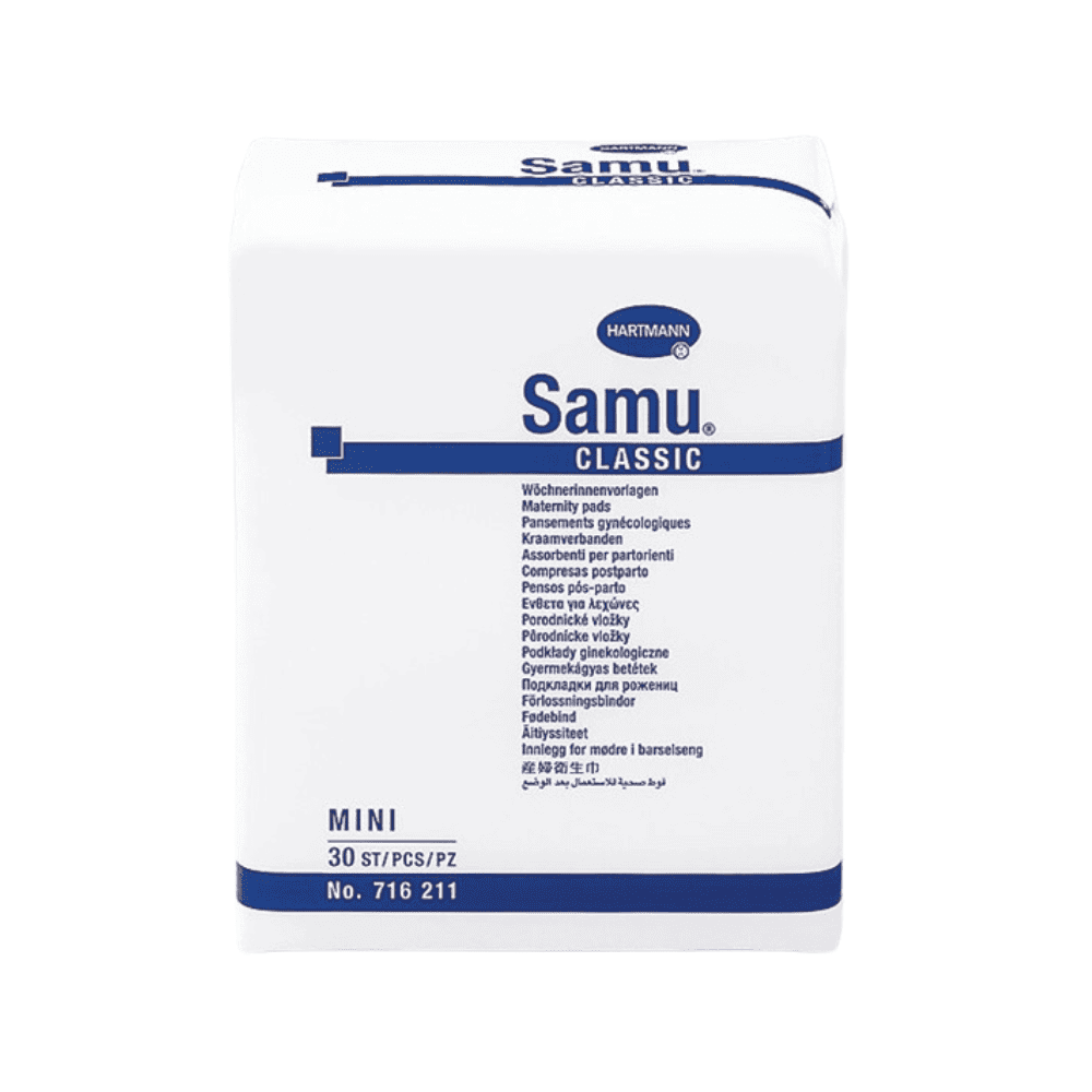 A white package labeled “Hartmann Samu® Classic Mini Maternity Pads” from Paul Hartmann AG contains 20 sterile cloths. The packaging includes product details in various languages and bears the brand name “Hartmann.”